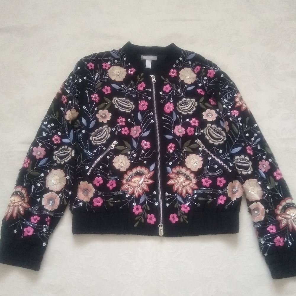 Embroidery beads floral multi color sequins bomber jacket